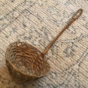 Vintage straw woven ladle. Wicker boho wall decor.
